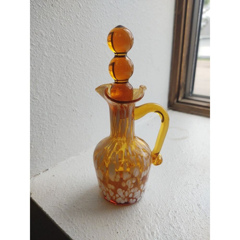 Vintage Hand Blown Glass Cruet Yellow Orange & White Stopper 6"